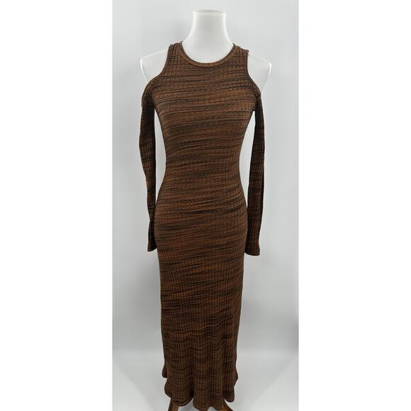 ZARA Brown Knit Cold Shoulder Long Sleeve Midi Dress Size S New NWT Ribbed - Picture 6 of 14